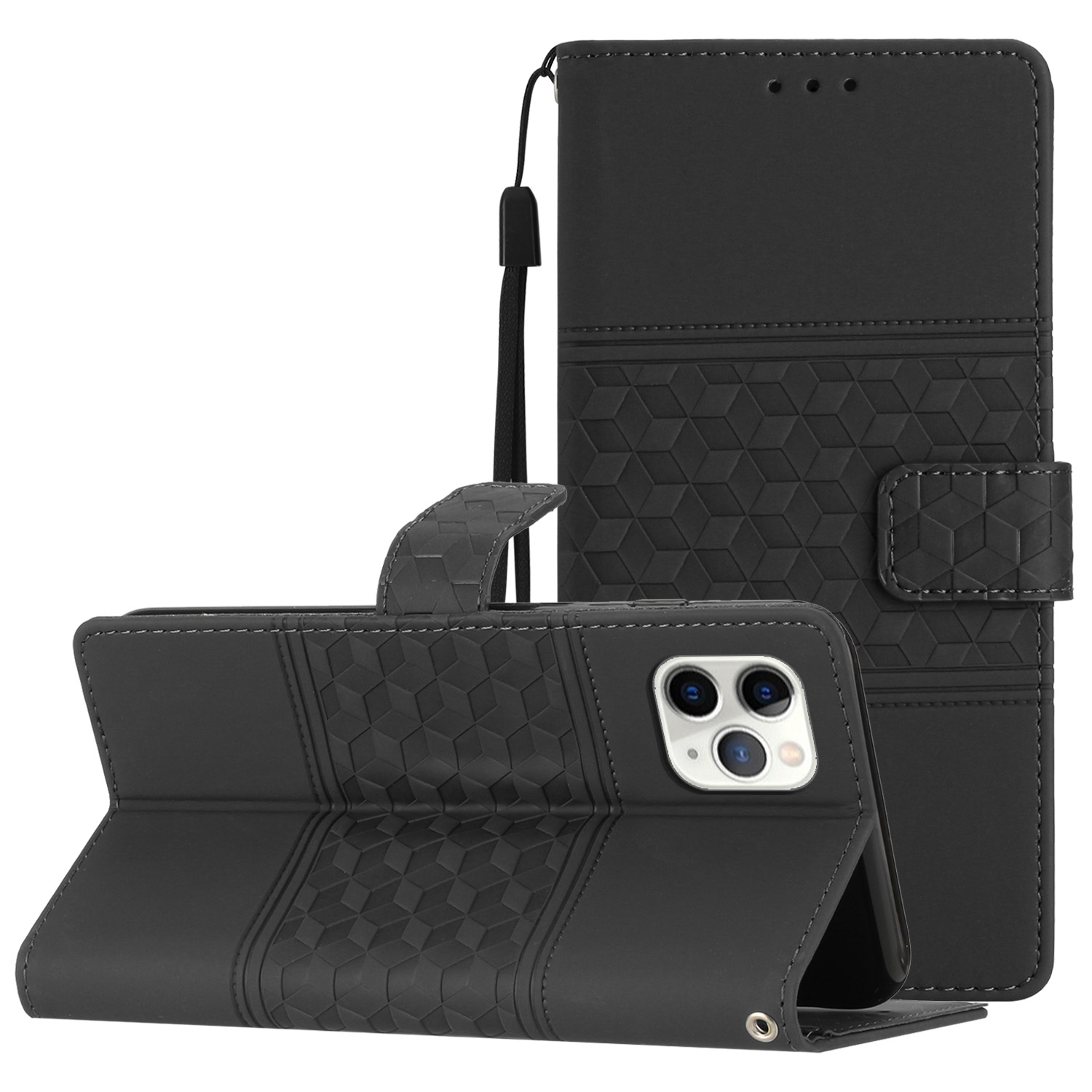 For iPhone 11 Pro Max Diamond Embossed Skin Feel Leather Phone Case with Lanyard(Black) - Shopkiz.com