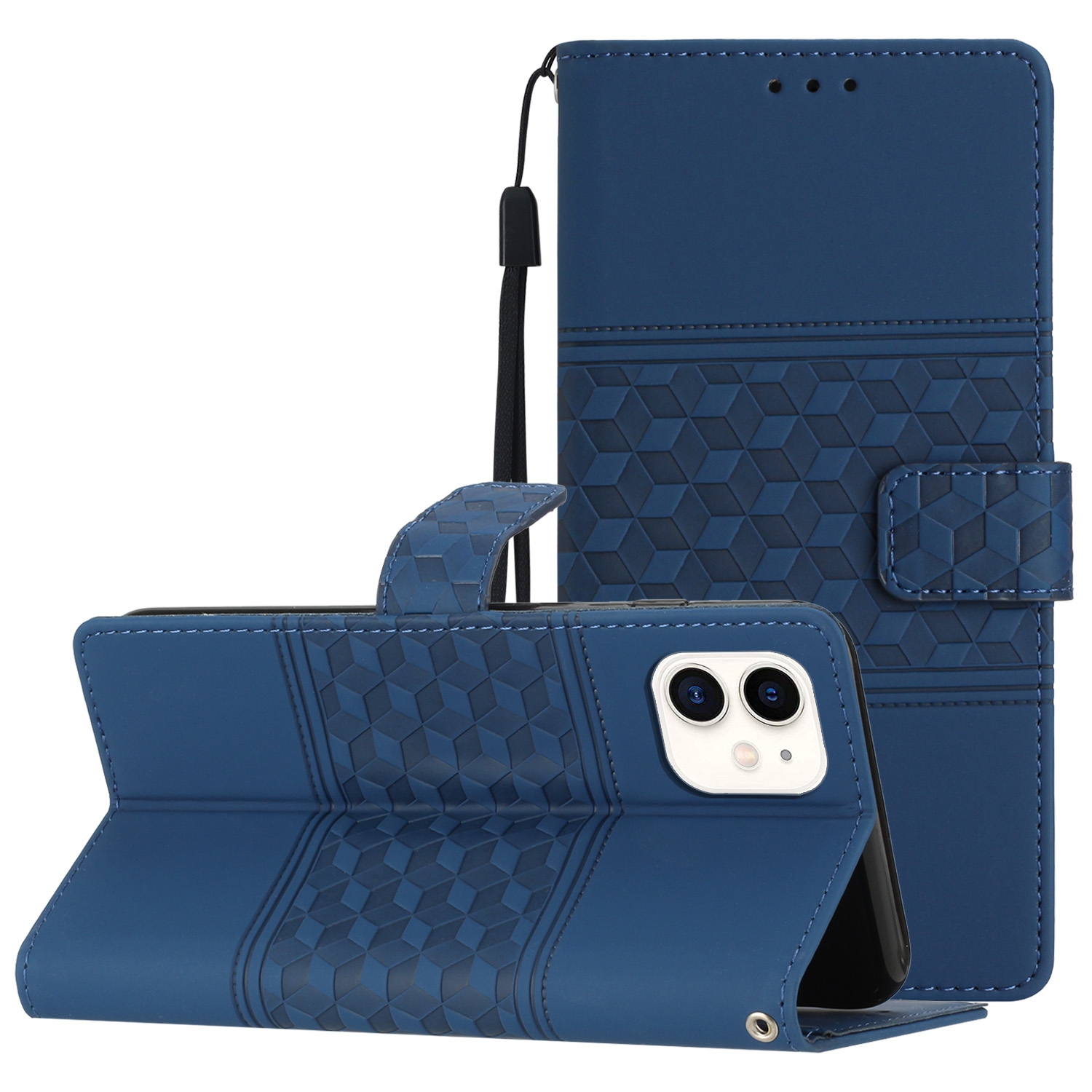 For iPhone 12 mini Diamond Embossed Skin Feel Leather Phone Case with Lanyard(Dark Blue) - Shopkiz.com