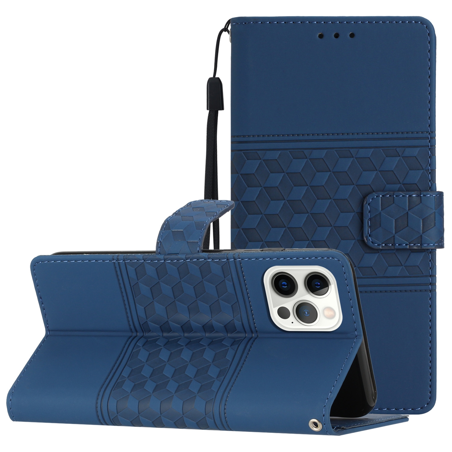 For iPhone 12 Pro Max Diamond Embossed Skin Feel Leather Phone Case with Lanyard(Dark Blue) - Shopkiz.com
