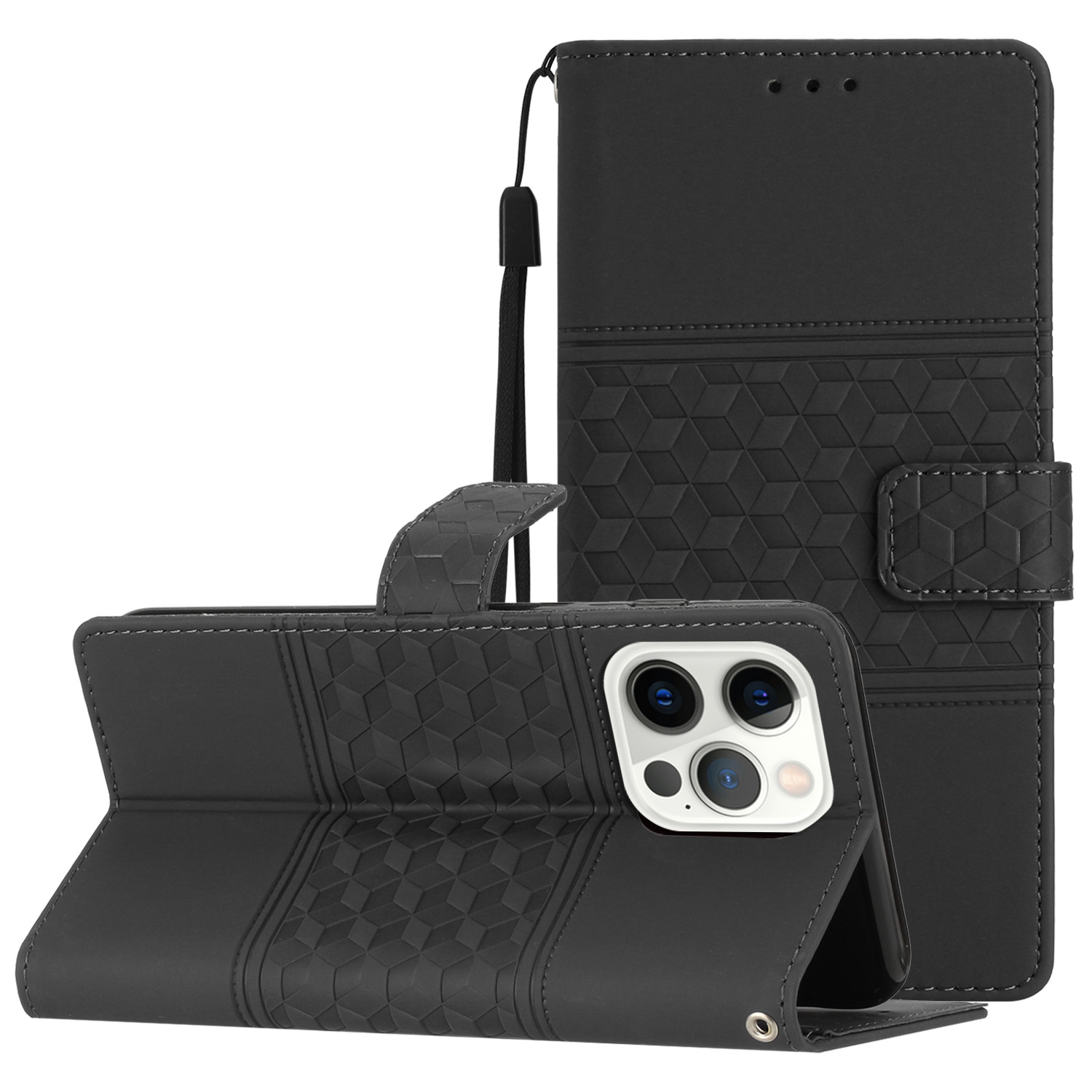 For iPhone 13 Pro Diamond Embossed Skin Feel Leather Phone Case with Lanyard(Black) - Shopkiz.com