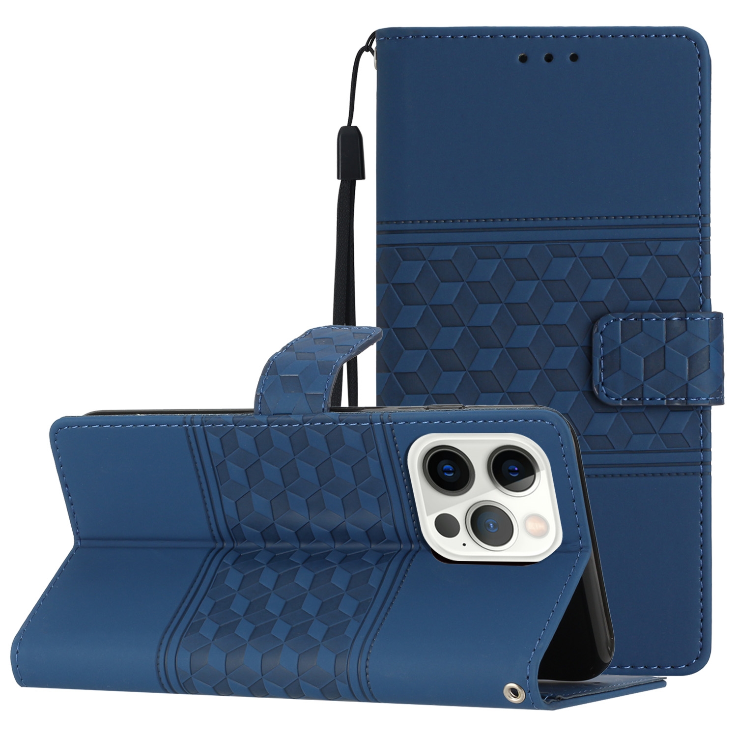 For iPhone 14 Pro Diamond Embossed Skin Feel Leather Phone Case with Lanyard(Dark Blue) - Shopkiz.com