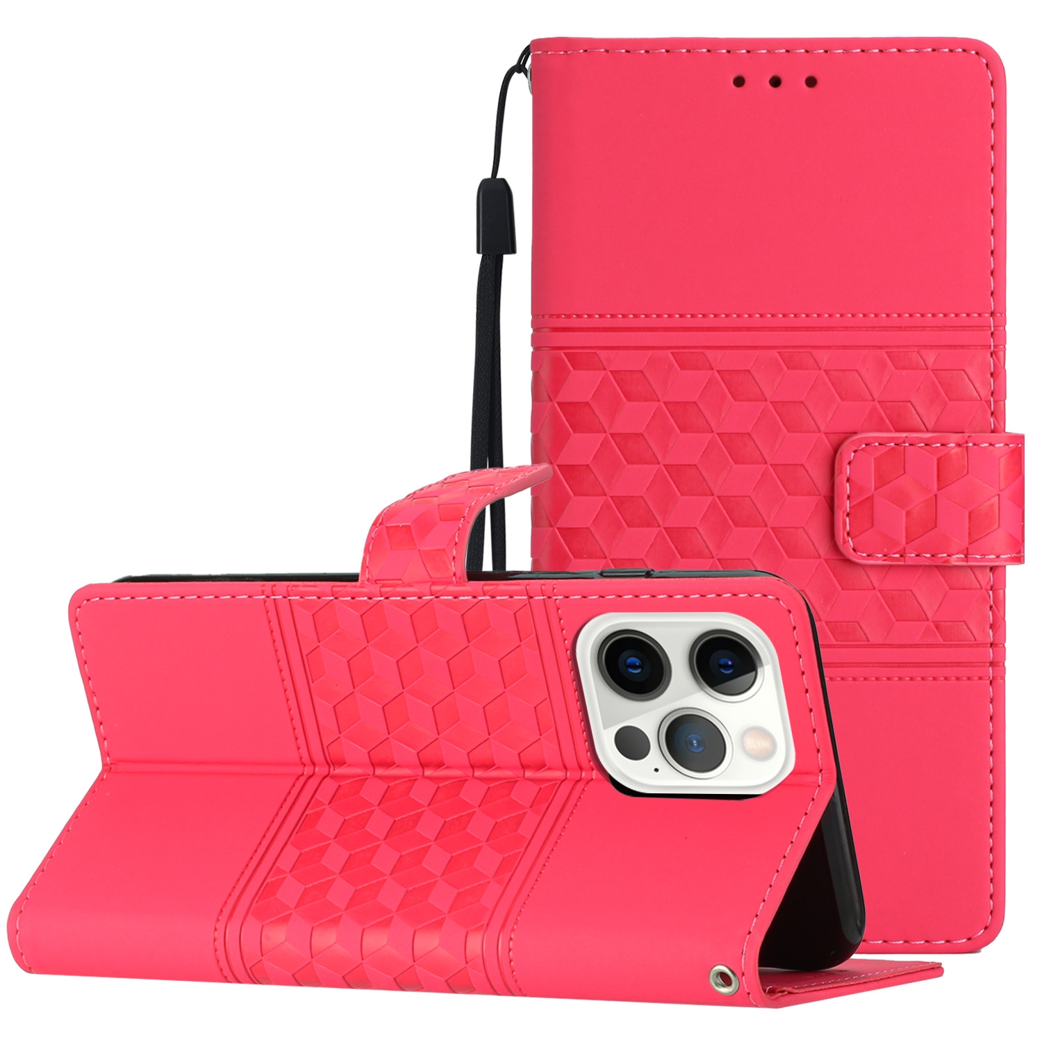 For iPhone 14 Pro Diamond Embossed Skin Feel Leather Phone Case with Lanyard(Red) - Shopkiz.com