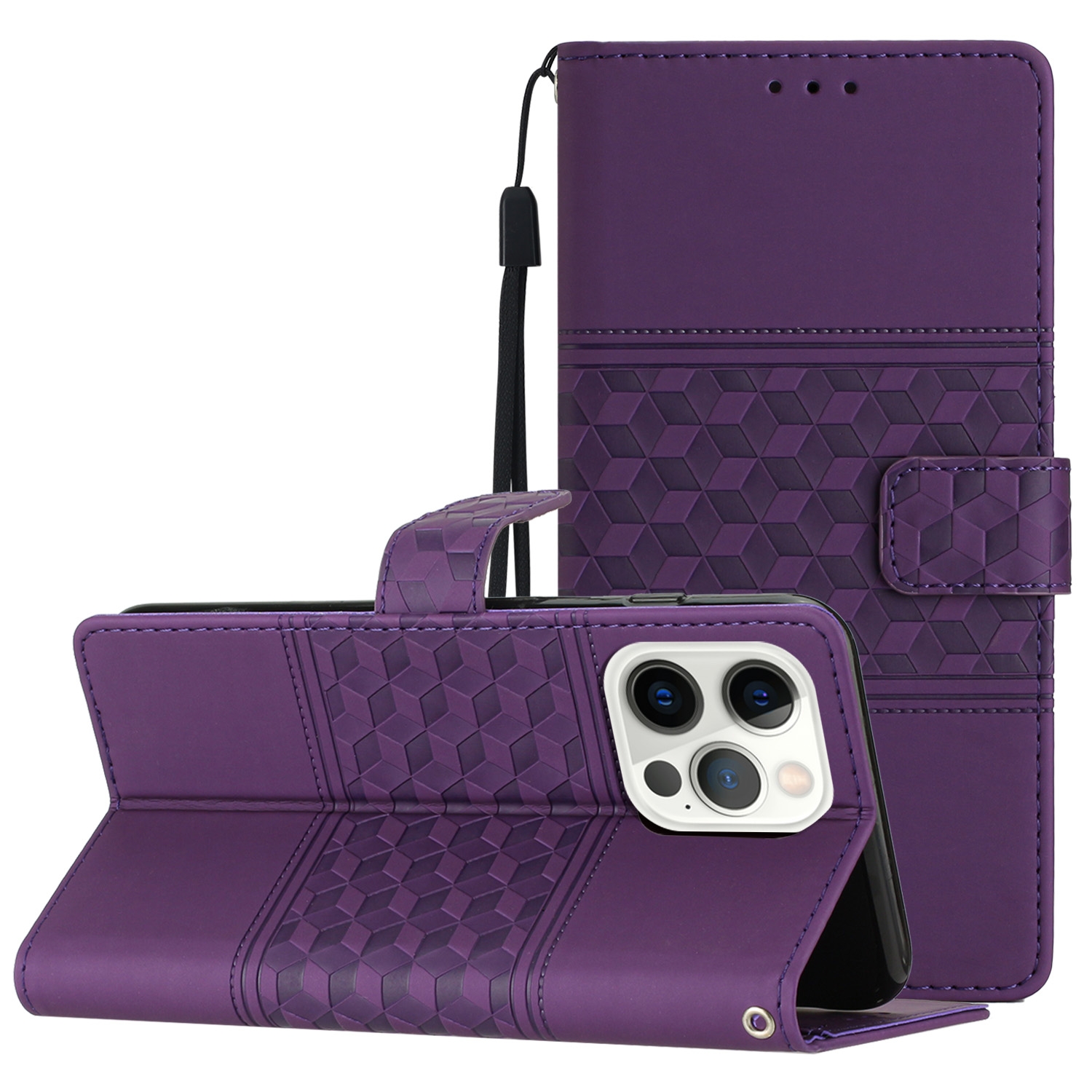 For iPhone 14 Pro Max Diamond Embossed Skin Feel Leather Phone Case with Lanyard(Purple) - Shopkiz.com