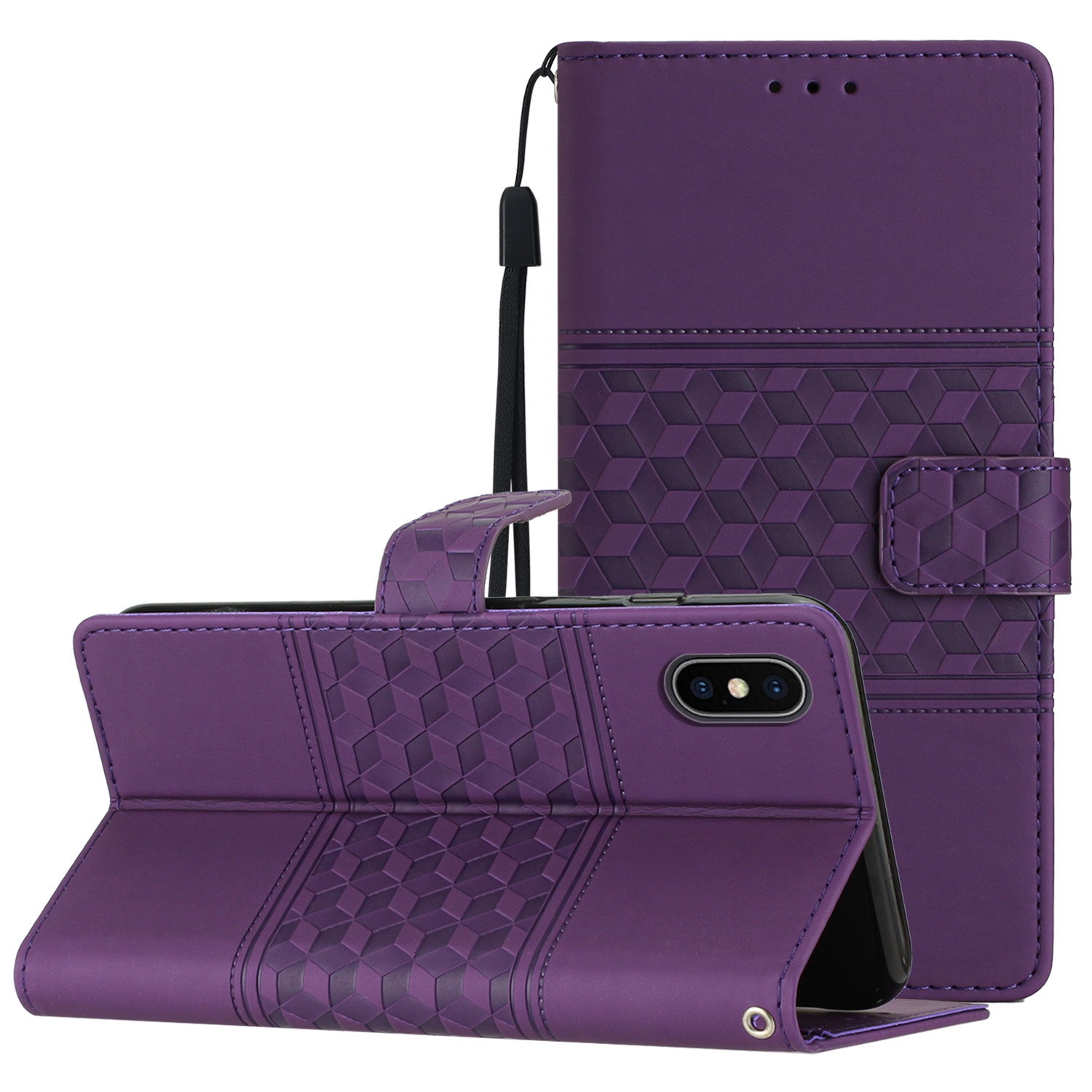For iPhone X / XS Diamond Embossed Skin Feel Leather Phone Case with Lanyard(Purple) - Shopkiz.com