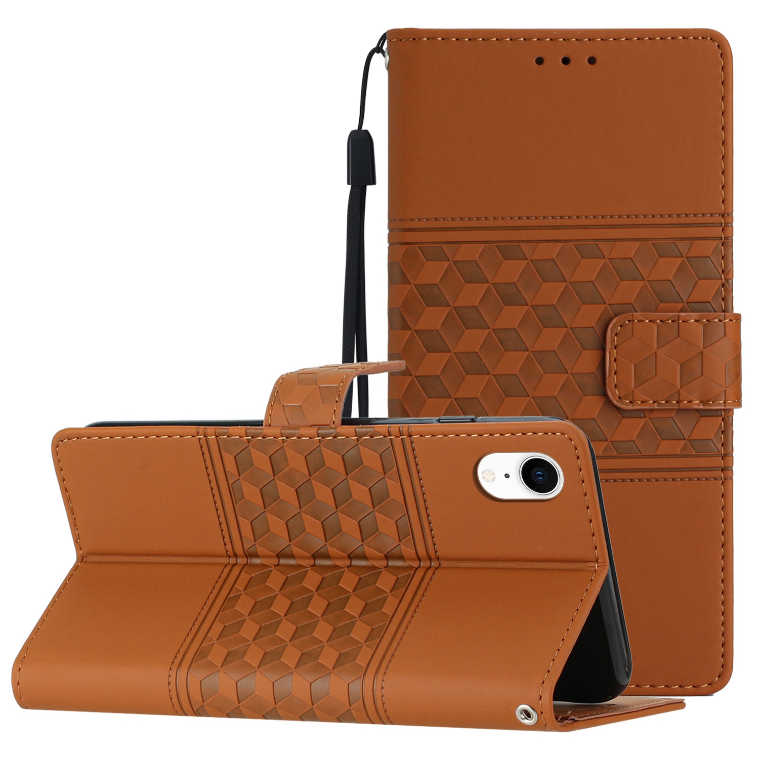 For iPhone XR Diamond Embossed Skin Feel Leather Phone Case with Lanyard(Brown) - Shopkiz.com