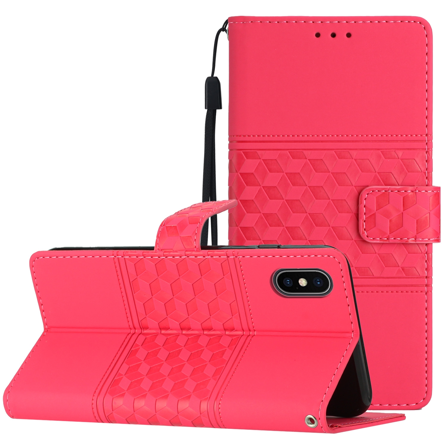 For iPhone XS Max Diamond Embossed Skin Feel Leather Phone Case with Lanyard(Red) - Shopkiz.com