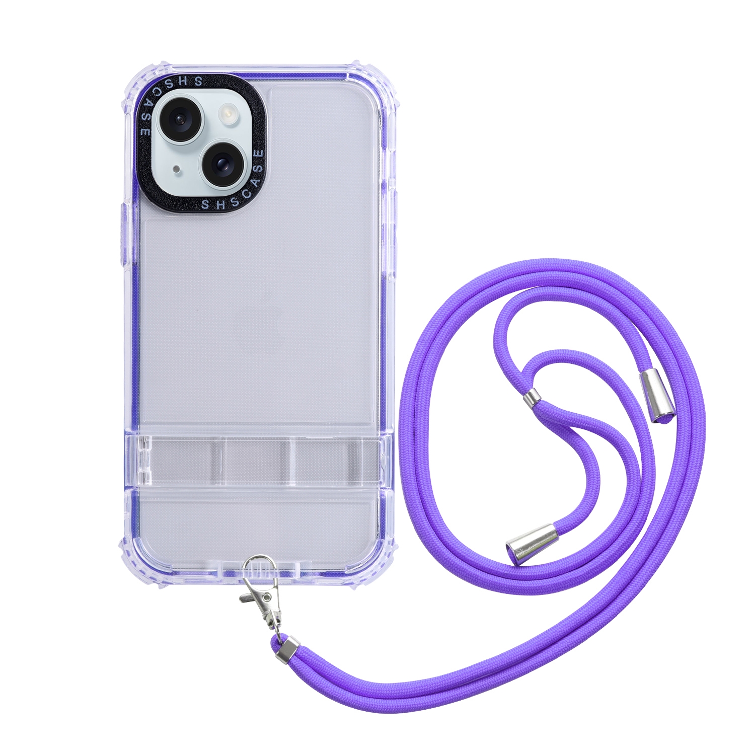 For iPhone 15 Plus 2 in 1 360 Invisible Holder Cross-body Rope Phone Case(Purple) - Shopkiz.com