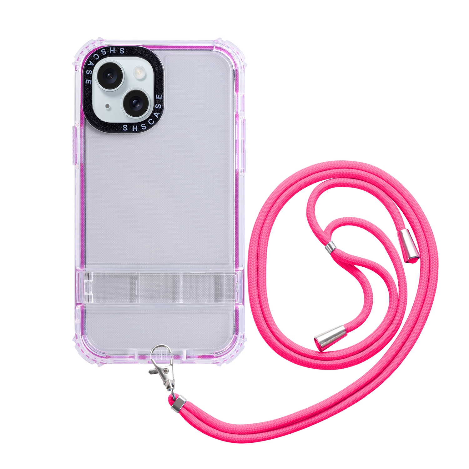 For iPhone 15 2 in 1 360 Invisible Holder Cross-body Rope Phone Case(Rose Red) - Shopkiz.com