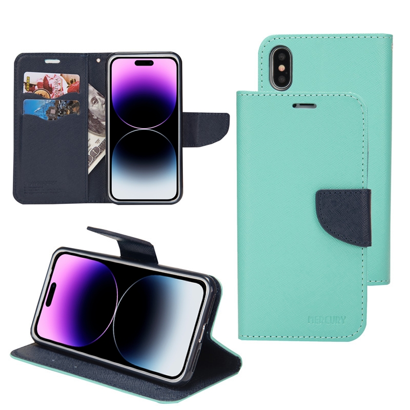 For iPhone 14 Mercury Contrast Color Splicing Leather Phone Case(Mint Color) - Shopkiz.com
