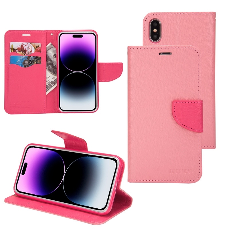 For iPhone 14 Plus Mercury Contrast Color Splicing Leather Phone Case(Pink) - Shopkiz.com