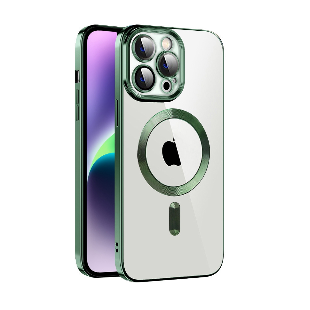 For iPhone 14 CD Texture Plating TPU MagSafe Phone Case with Lens Film(Dark Green) - Shopkiz.com