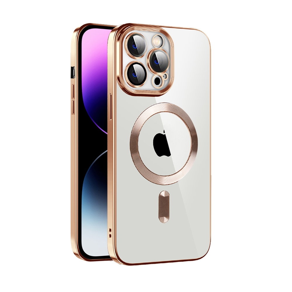 For iPhone 14 Pro Max CD Texture Plating TPU MagSafe Phone Case with Lens Film(Brown) - Shopkiz.com