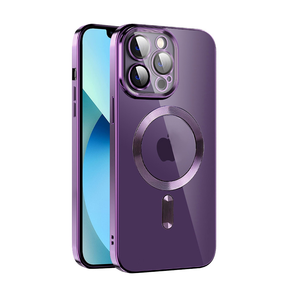 For iPhone 13 Pro CD Texture Plating TPU MagSafe Phone Case with Lens Film(Dark Purple) - Shopkiz.com