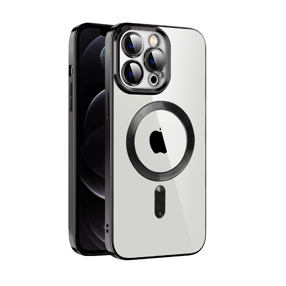 For iPhone 12 CD Texture Plating TPU MagSafe Phone Case with Lens Film(Black) - Shopkiz.com