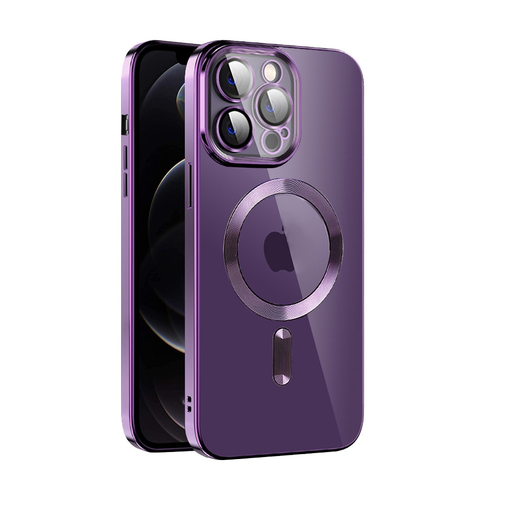 For iPhone 12 Pro CD Texture Plating TPU MagSafe Phone Case with Lens Film(Dark Purple) - Shopkiz.com