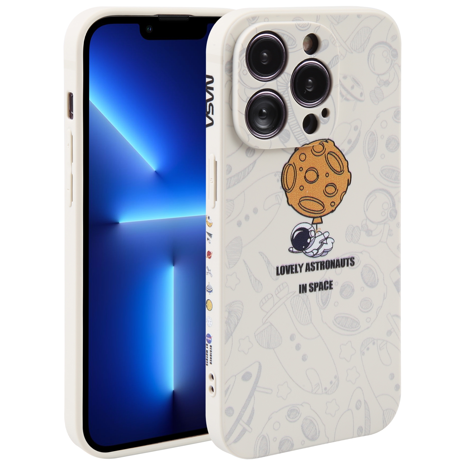 For iPhone 13 Pro Max Astronaut Pattern Silicone Straight Edge Phone Case(Lovely Astronaut-White) - Shopkiz.com