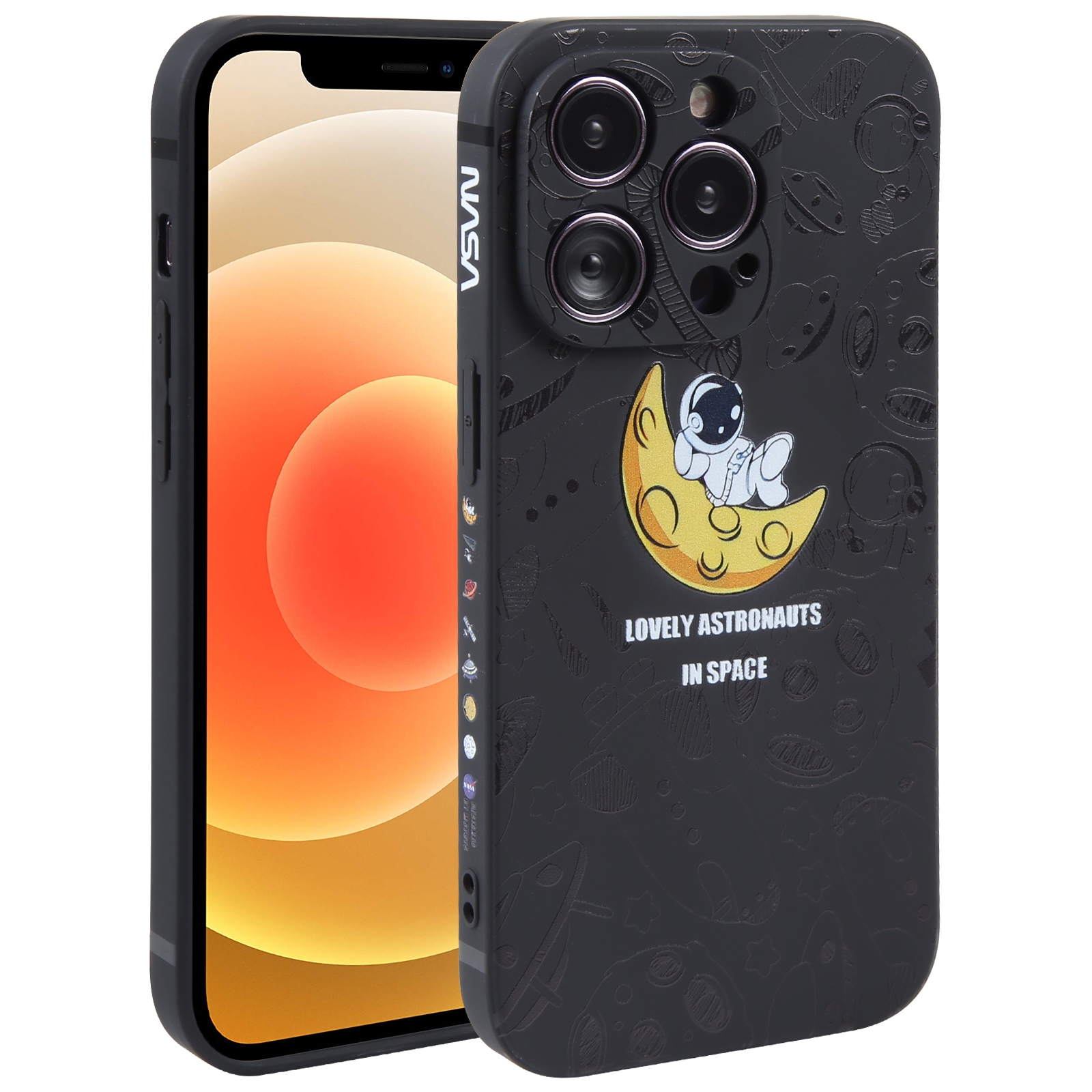 For iPhone 12 Astronaut Pattern Silicone Straight Edge Phone Case(Lovely Astronaut-Black) - Shopkiz.com