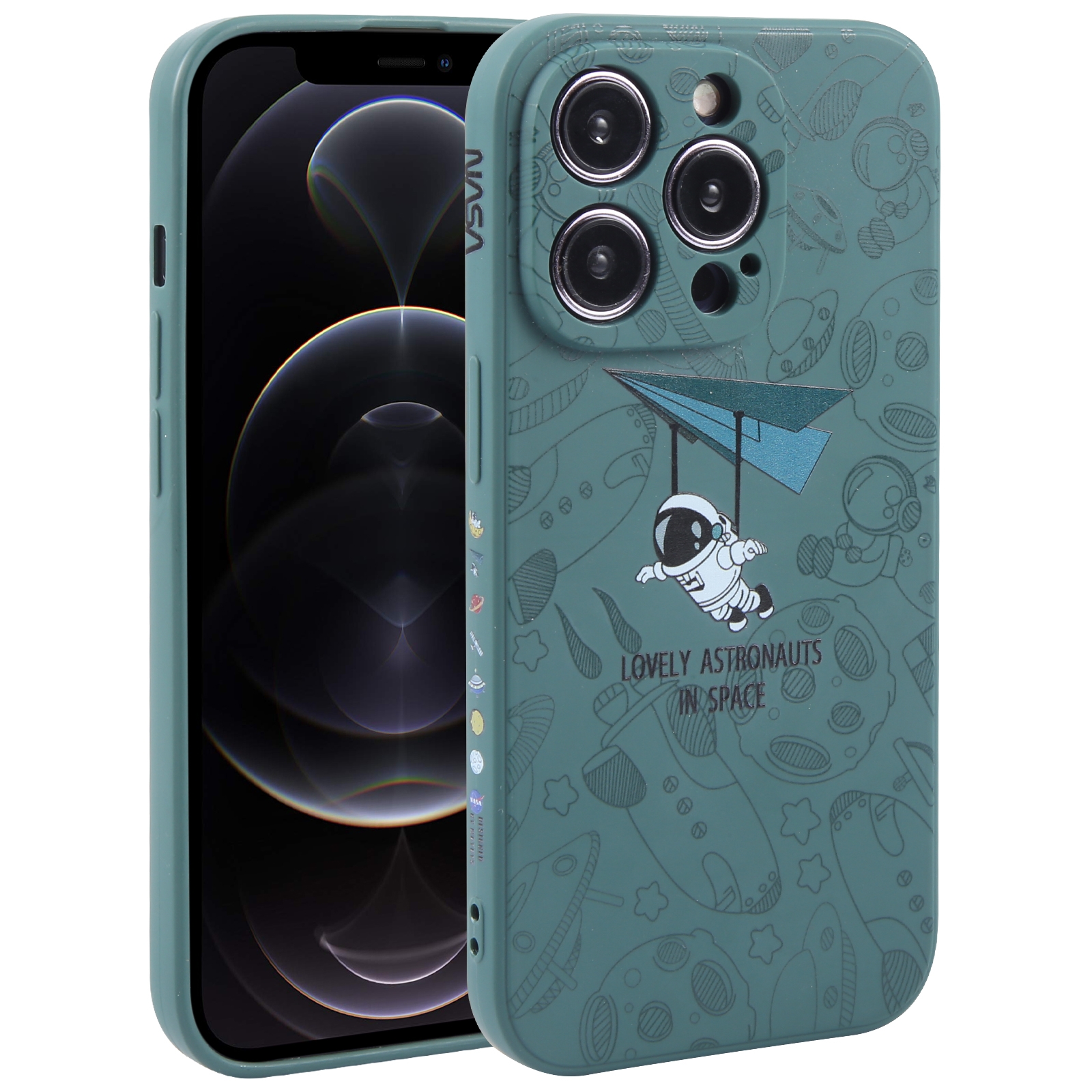 For iPhone 12 Pro Astronaut Pattern Silicone Straight Edge Phone Case(Lovely Astronaut-Green) - Shopkiz.com