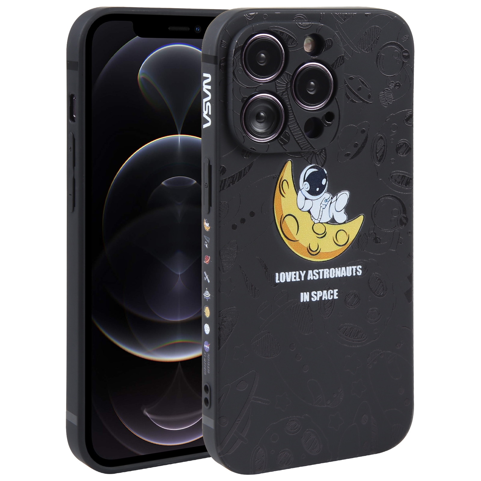For iPhone 12 Pro Max Astronaut Pattern Silicone Straight Edge Phone Case(Lovely Astronaut-Black) - Shopkiz.com