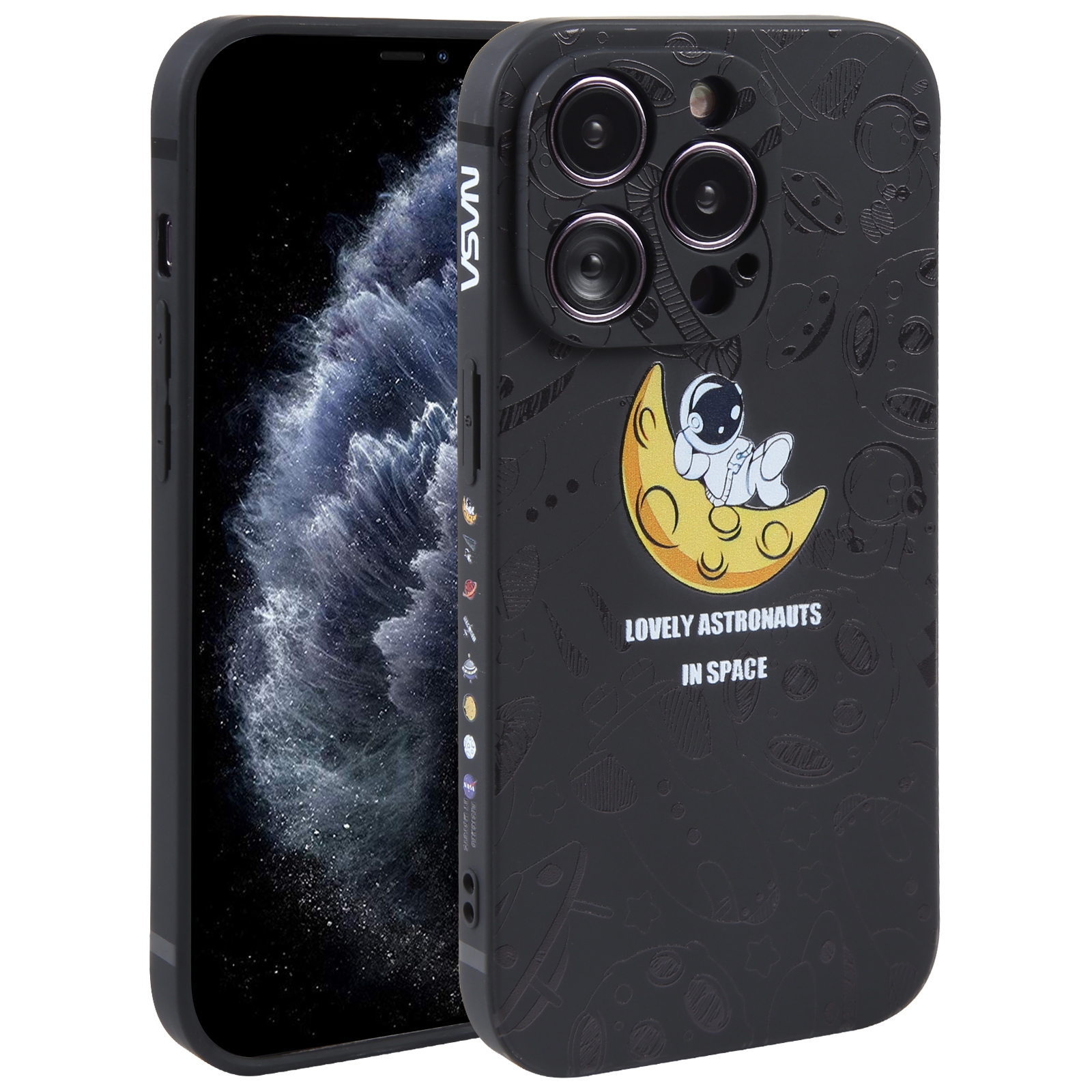 For iPhone 11 Pro Max Astronaut Pattern Silicone Straight Edge Phone Case(Lovely Astronaut-Black) - Shopkiz.com