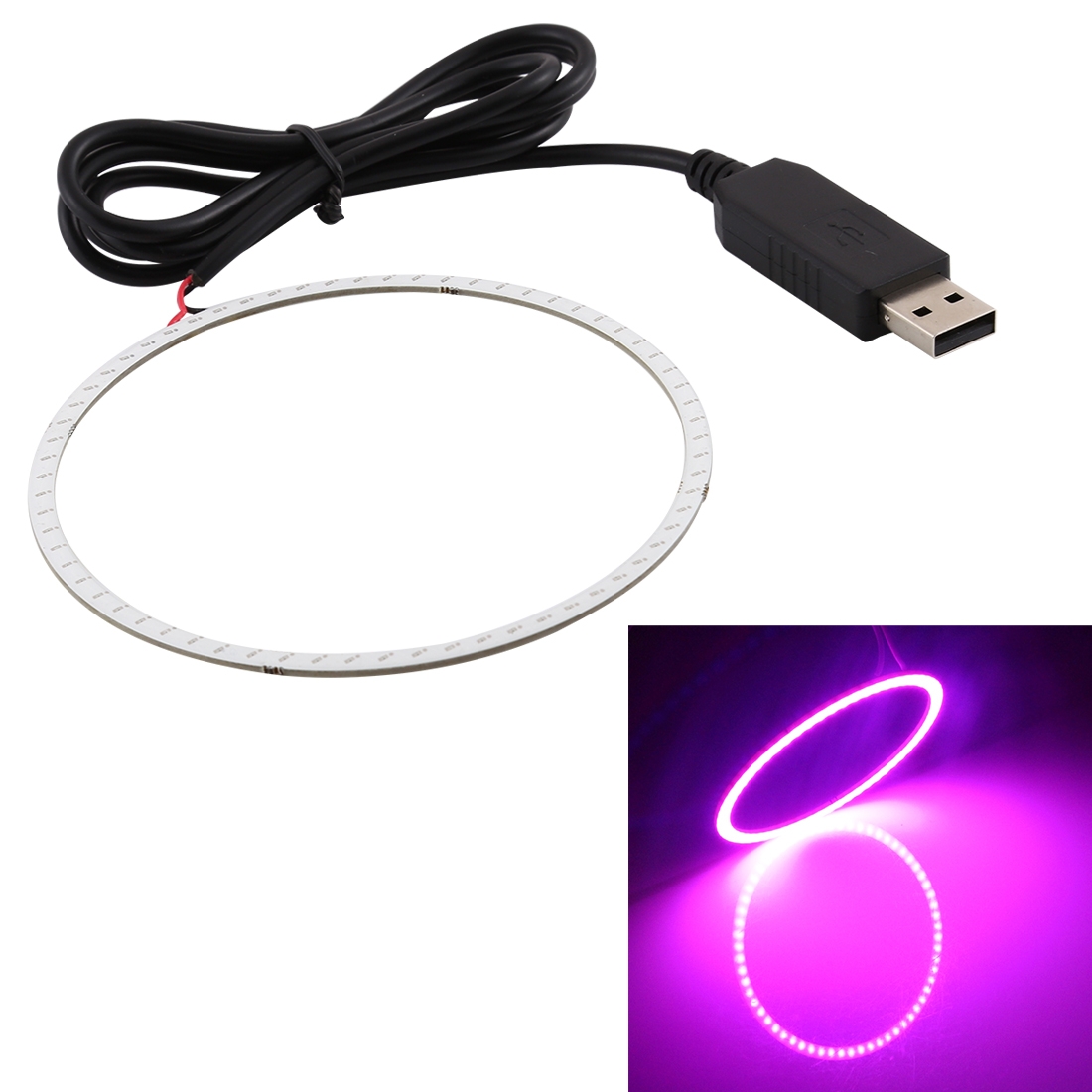 80mm 4W USB Angel Eyes Circles Car Headlight White Light COB LED Lights for Vehicles, Line Length: 95cm(Pink Light) - Shopkiz.com
