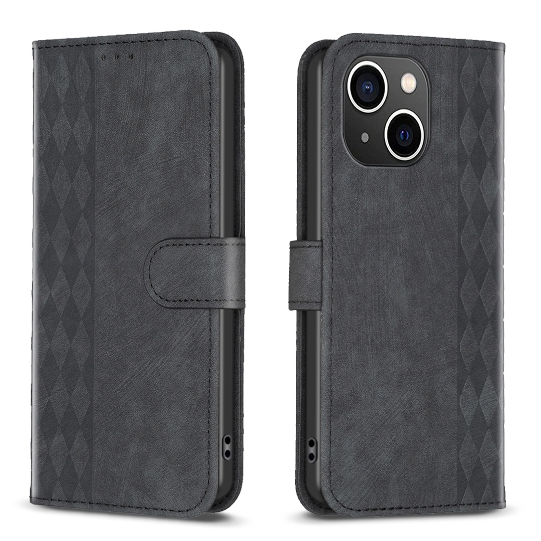 For iPhone 14 Plaid Embossed Leather Phone Case(Black) - Shopkiz.com