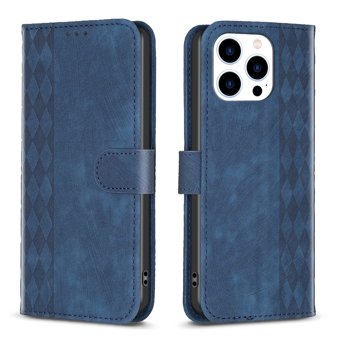 For iPhone 14 Pro Plaid Embossed Leather Phone Case(Blue) - Shopkiz.com