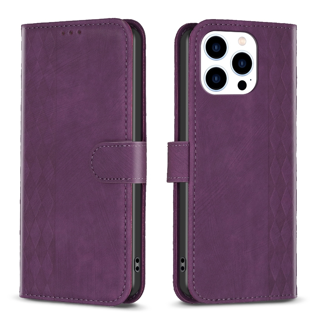 For iPhone 14 Pro Plaid Embossed Leather Phone Case(Purple) - Shopkiz.com