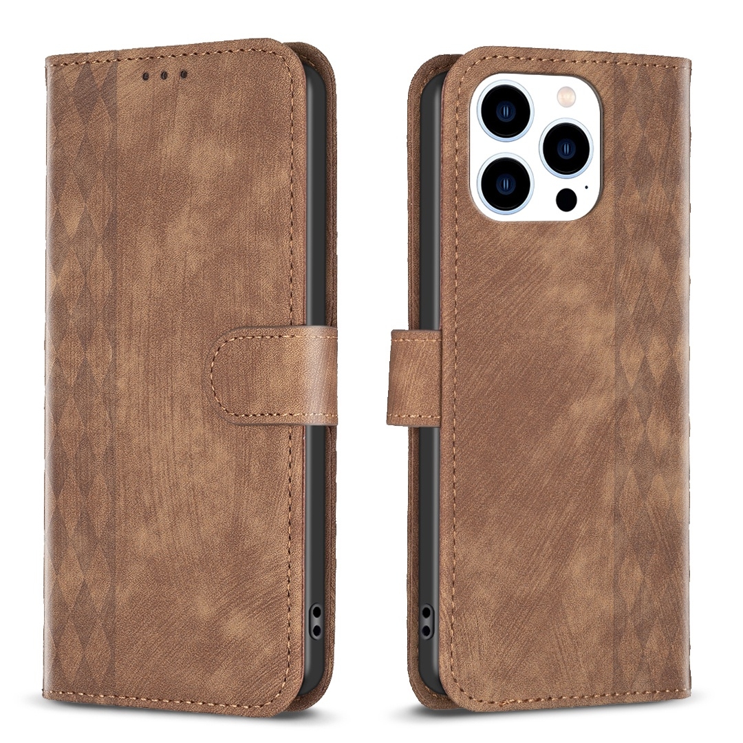For iPhone 14 Pro Max Plaid Embossed Leather Phone Case(Brown) - Shopkiz.com