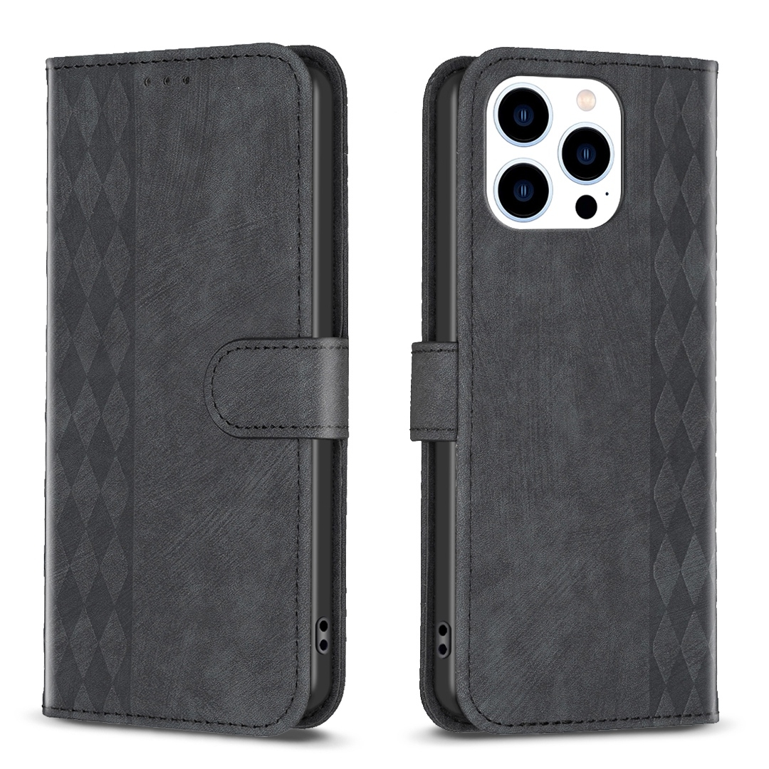 For iPhone 14 Pro Max Plaid Embossed Leather Phone Case(Black) - Shopkiz.com