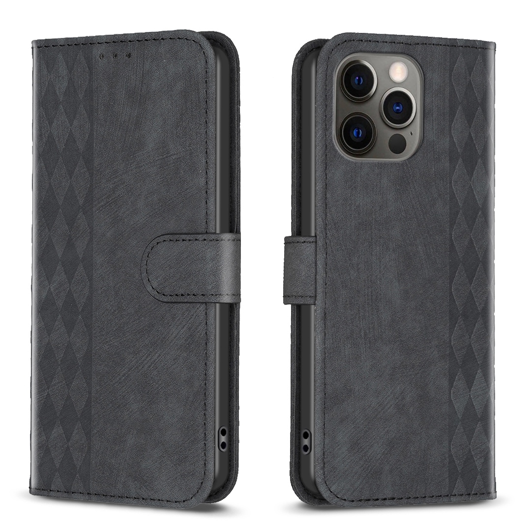 For iPhone 12 / 12 Pro Plaid Embossed Leather Phone Case(Black) - Shopkiz.com