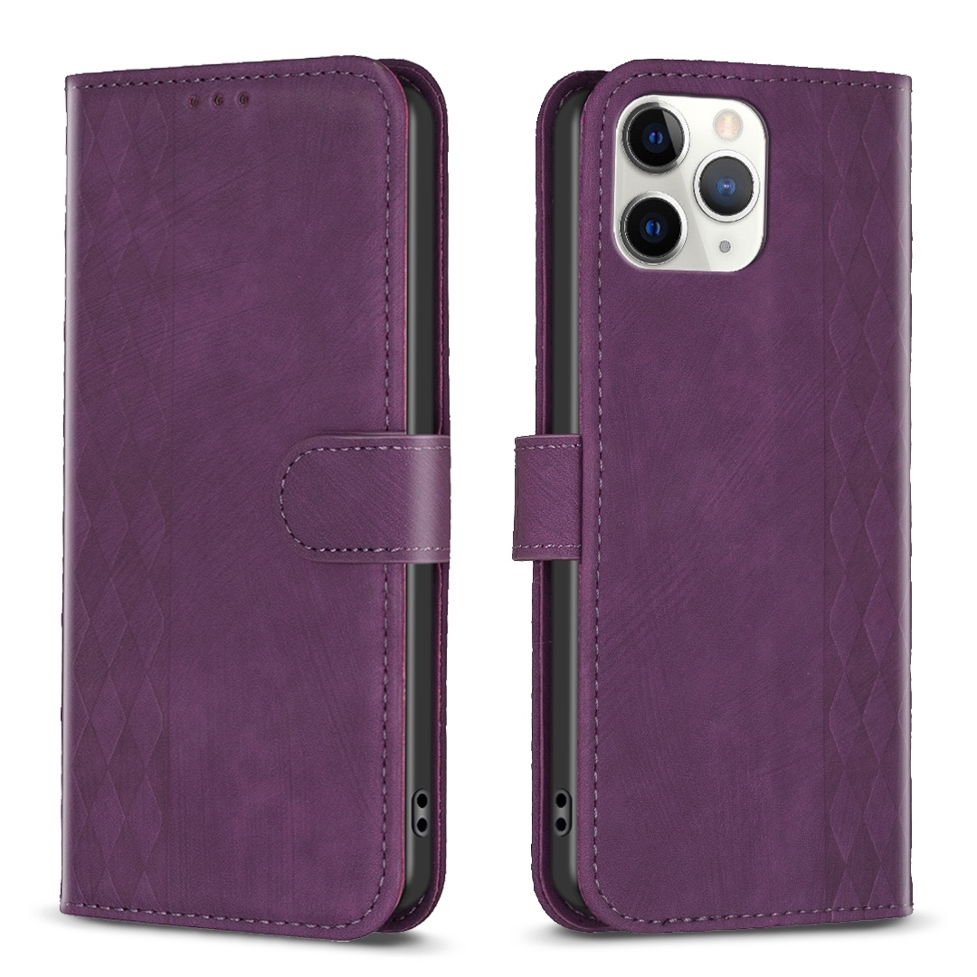For iPhone 11 Pro Plaid Embossed Leather Phone Case(Purple) - Shopkiz.com