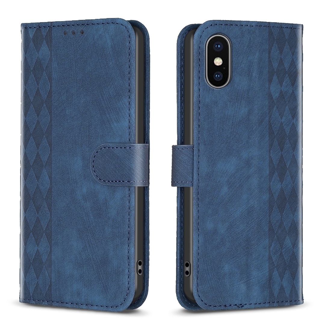 For iPhone XS Max Plaid Embossed Leather Phone Case(Blue) - Shopkiz.com