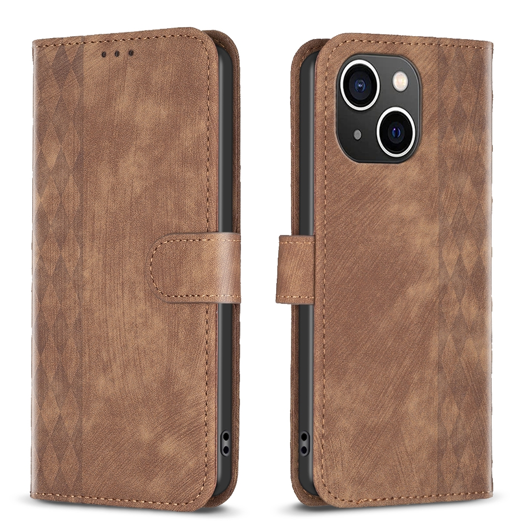 For iPhone 15 Plus Plaid Embossed Leather Phone Case(Brown) - Shopkiz.com