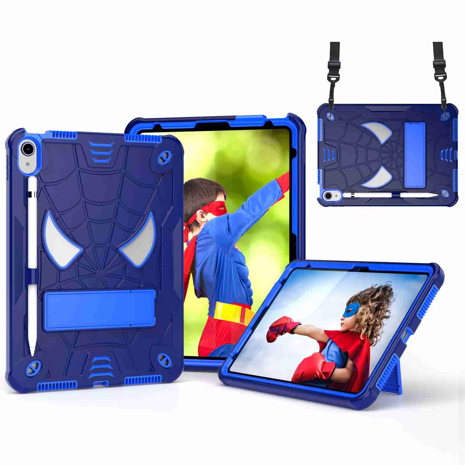 For iPad 2025 / 2022 Spider Texture Silicone Hybrid PC Tablet Case with Shoulder Strap(Navy Blue + Blue) - Shopkiz.com