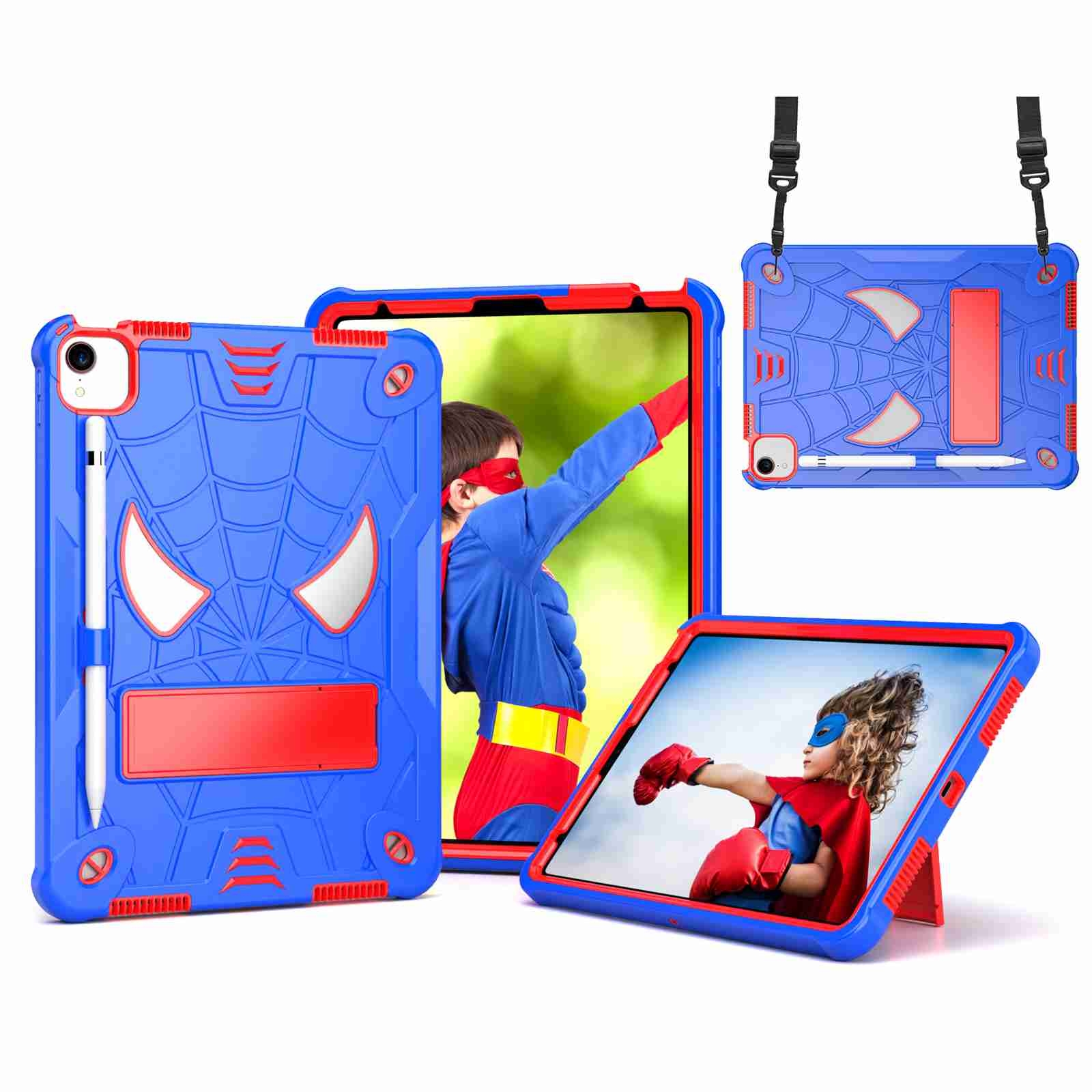 For iPad Pro 11 2021 / Air 5 10.9 Spider Texture Silicone Hybrid PC Tablet Case with Shoulder Strap(Blue + Red) - Shopkiz.com