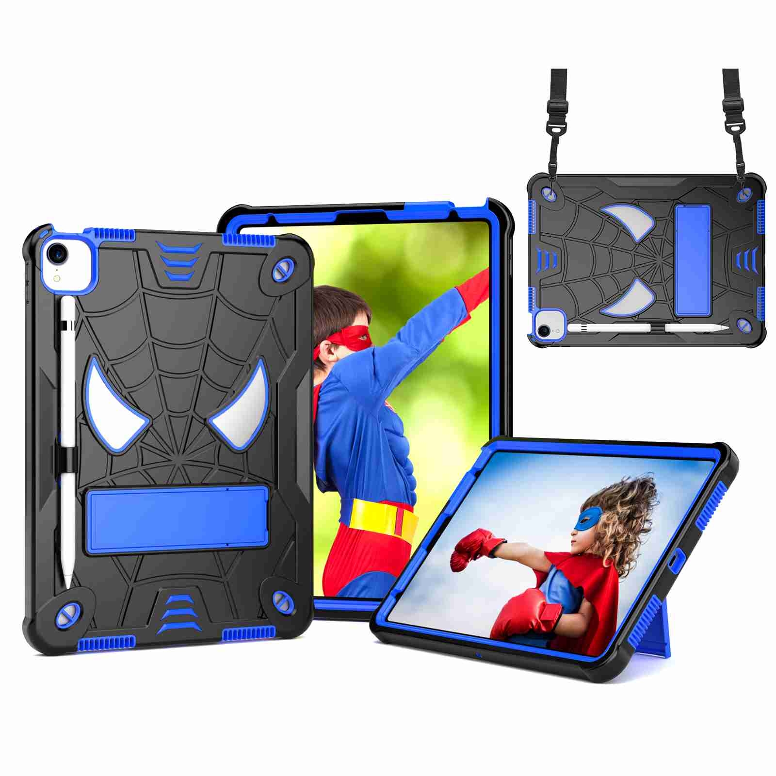 For iPad Pro 11 2021 / Air 5 10.9 Spider Texture Silicone Hybrid PC Tablet Case with Shoulder Strap(Black + Blue) - Shopkiz.com