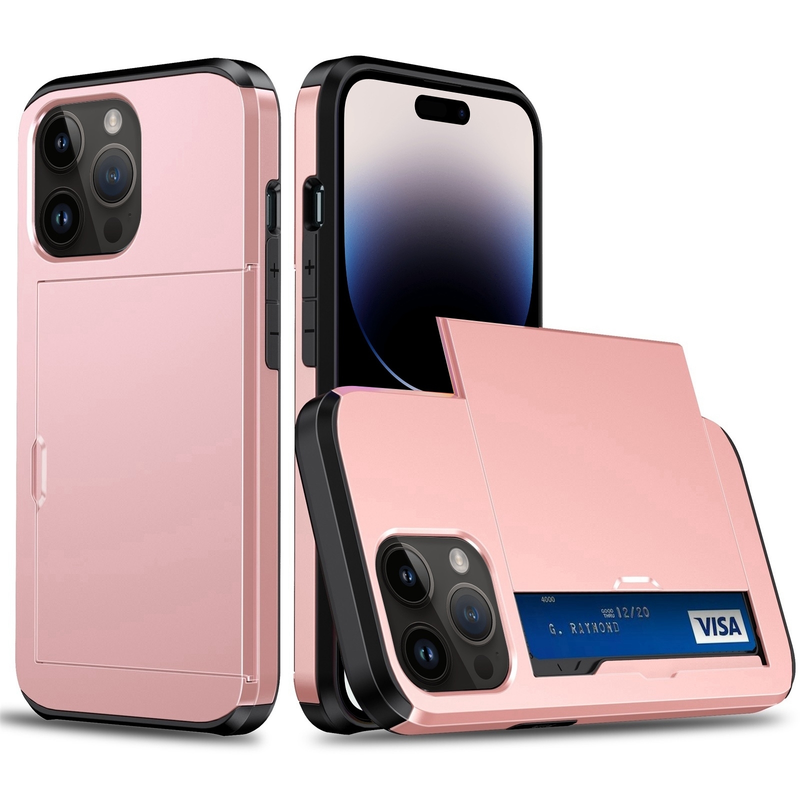 For iPhone 15 Pro Max Shockproof Armor Phone Case with Slide Card Slot(Rose Gold) - Shopkiz.com