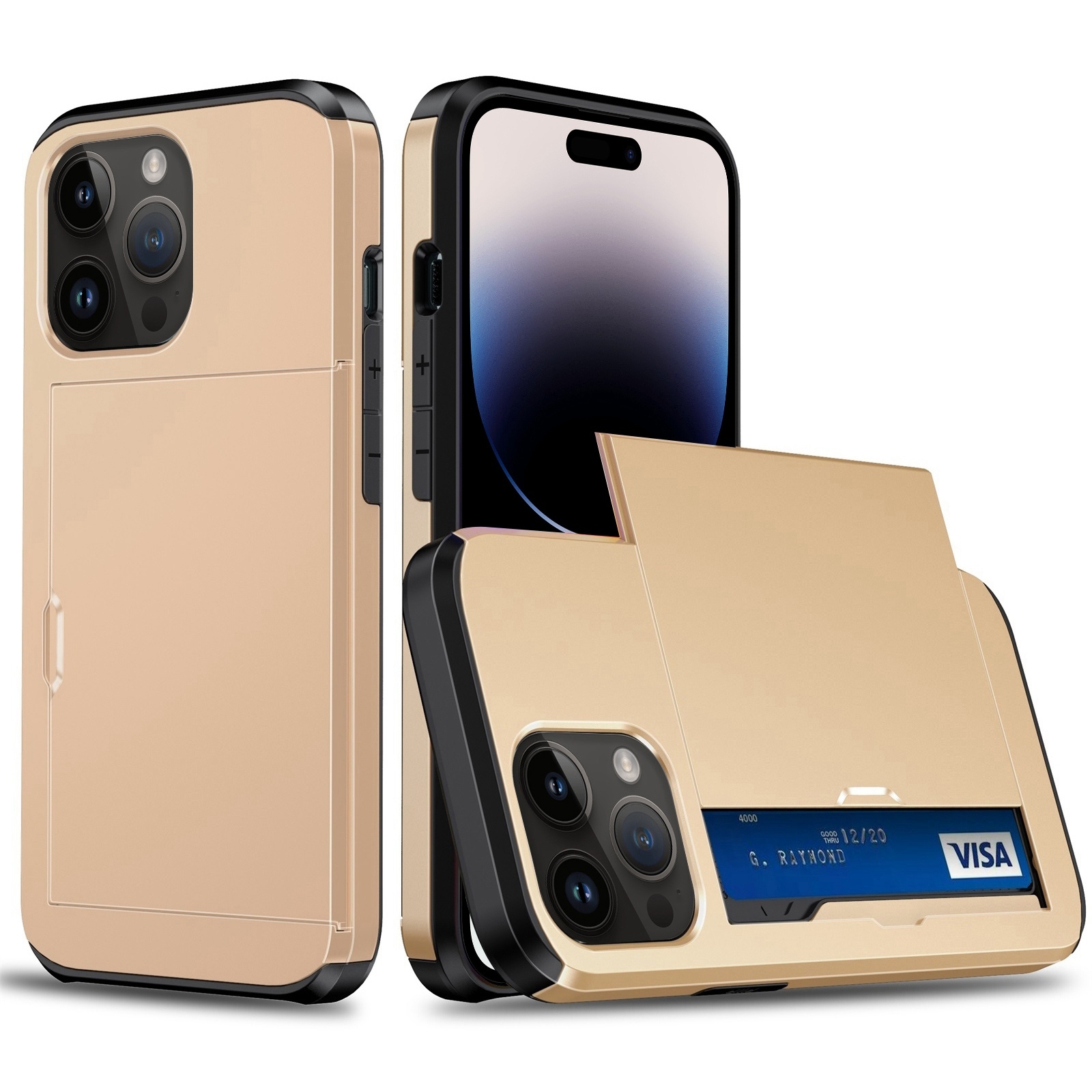 For iPhone 15 Pro Shockproof Armor Phone Case with Slide Card Slot(Gold) - Shopkiz.com