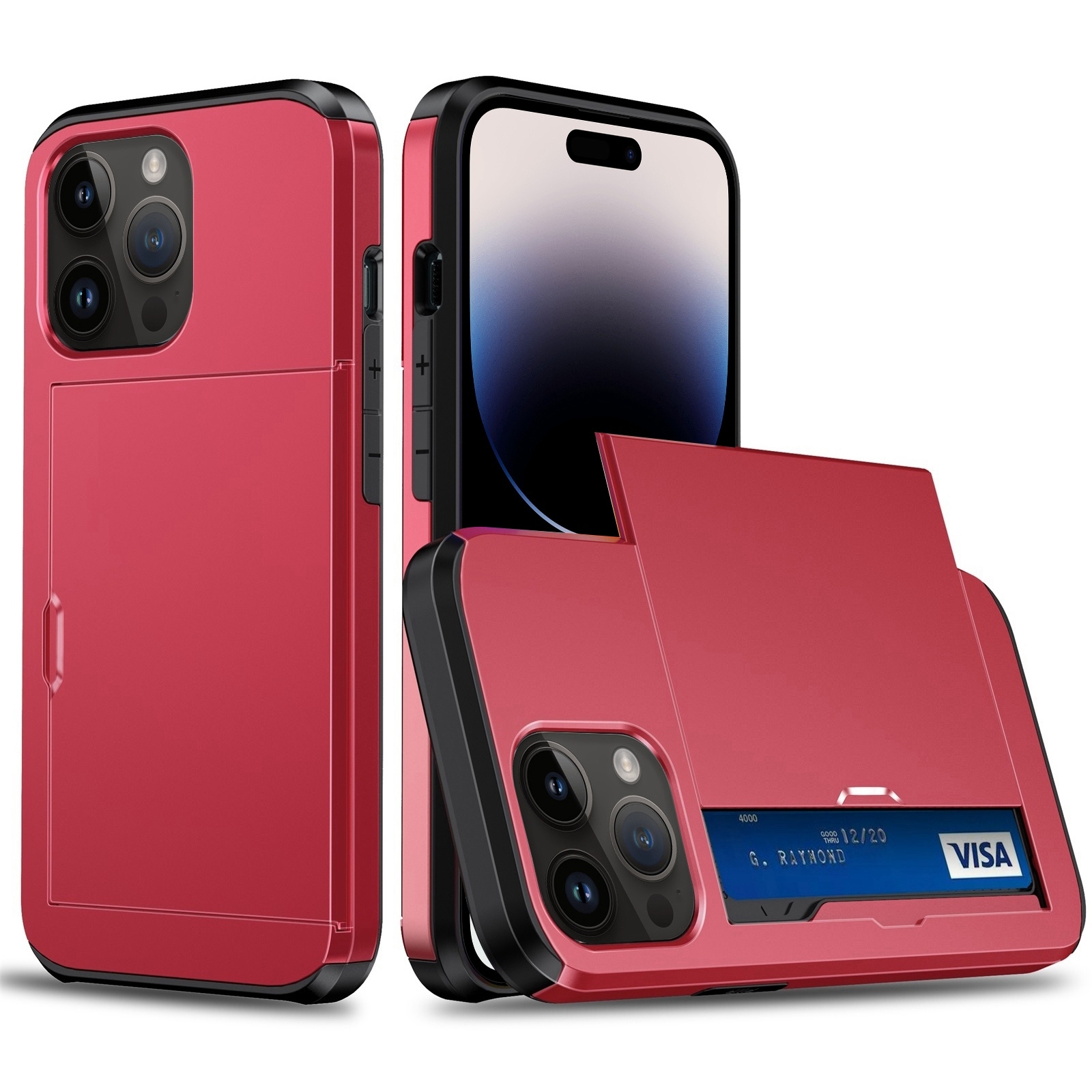 For iPhone 15 Pro Shockproof Armor Phone Case with Slide Card Slot(Red) - Shopkiz.com