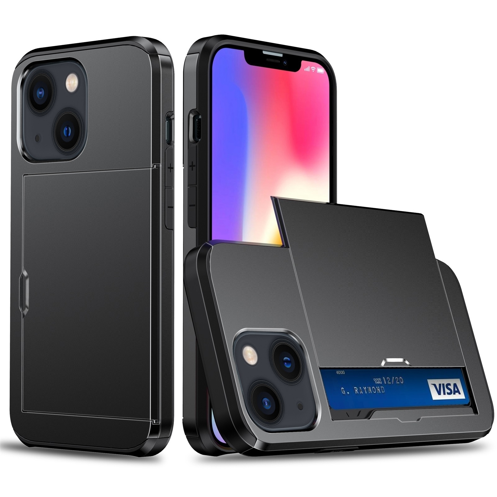 For iPhone 15 Plus Shockproof Armor Phone Case with Slide Card Slot(Black) - Shopkiz.com