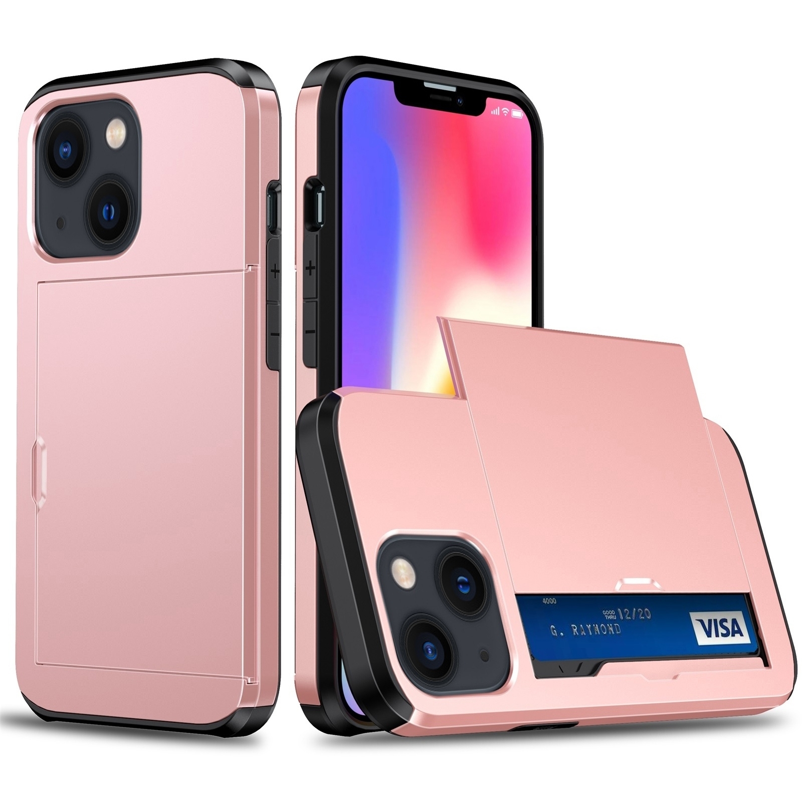 For iPhone 15 Plus Shockproof Armor Phone Case with Slide Card Slot(Rose Gold) - Shopkiz.com