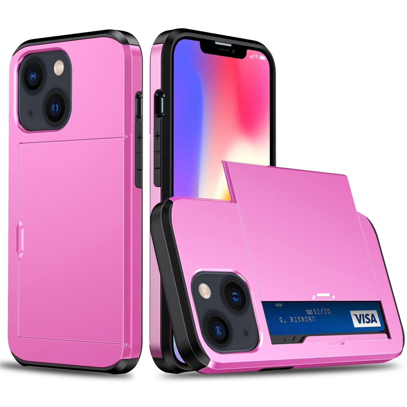 For iPhone 15 Shockproof Armor Phone Case with Slide Card Slot(Pink) - Shopkiz.com