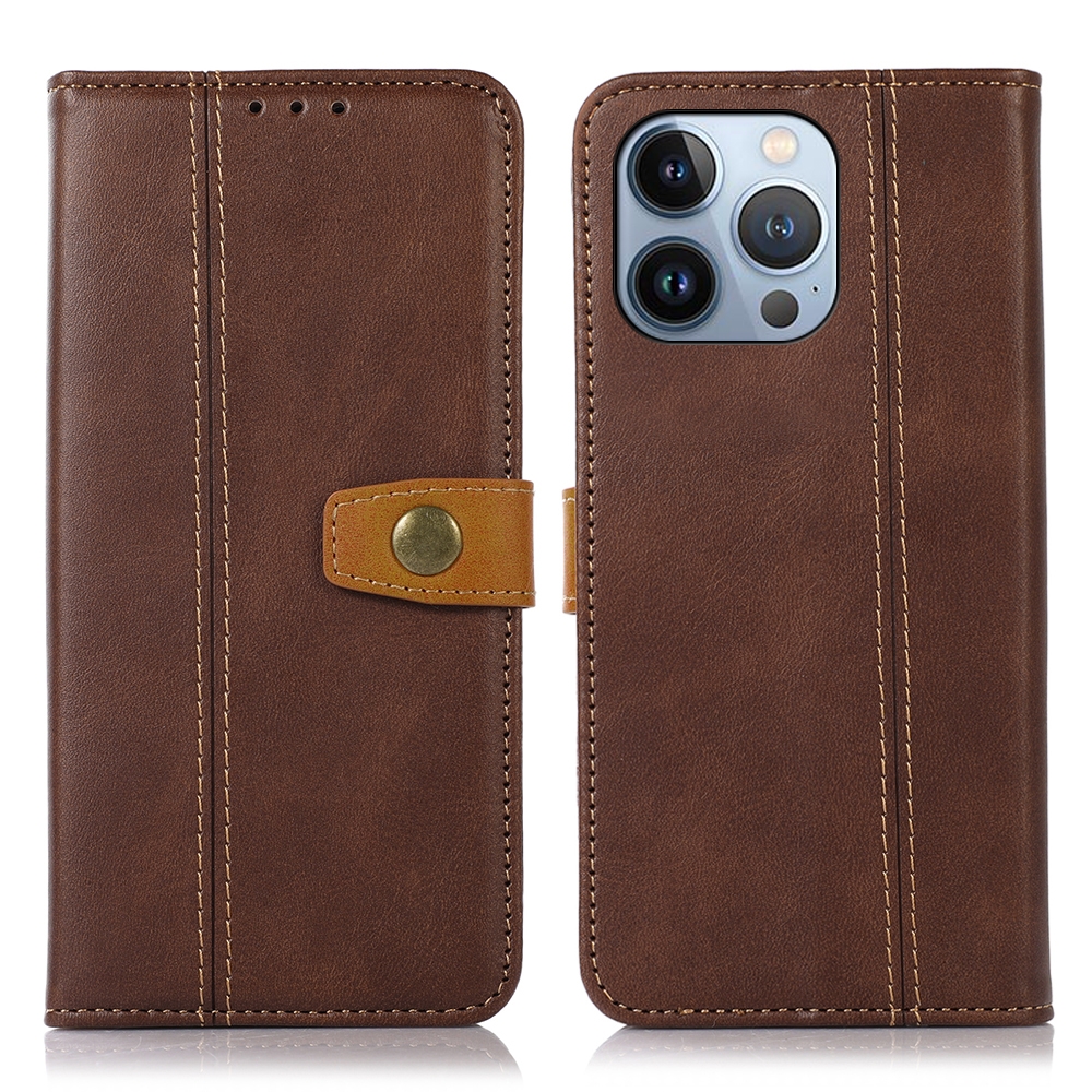 For iPhone 16 Pro Max Stitching Thread Calf Texture Leather Phone Case(Coffee) - Shopkiz.com