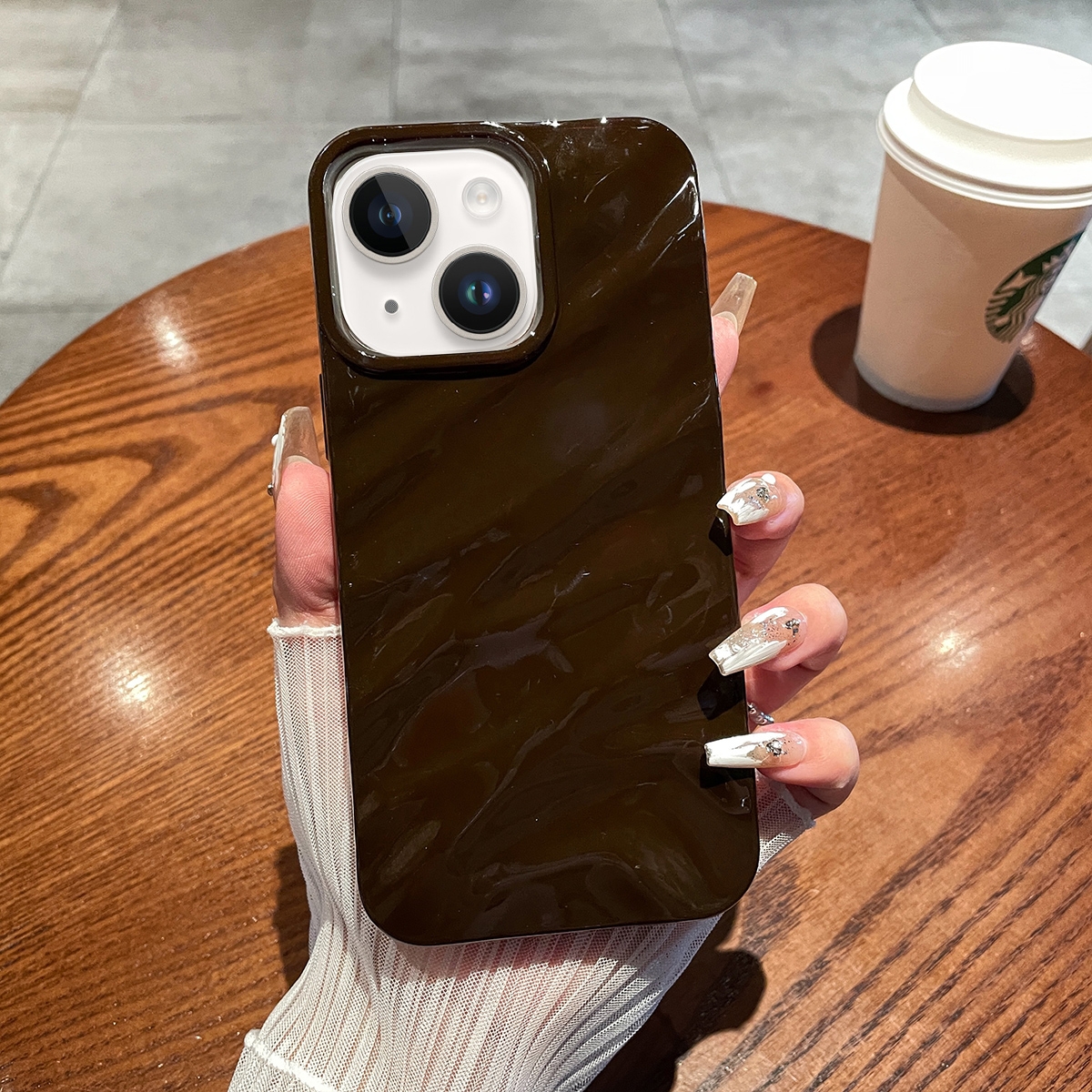 For iPhone 14 Plus Solid Color Wave Texture TPU Phone Case(Chocolate) - Shopkiz.com