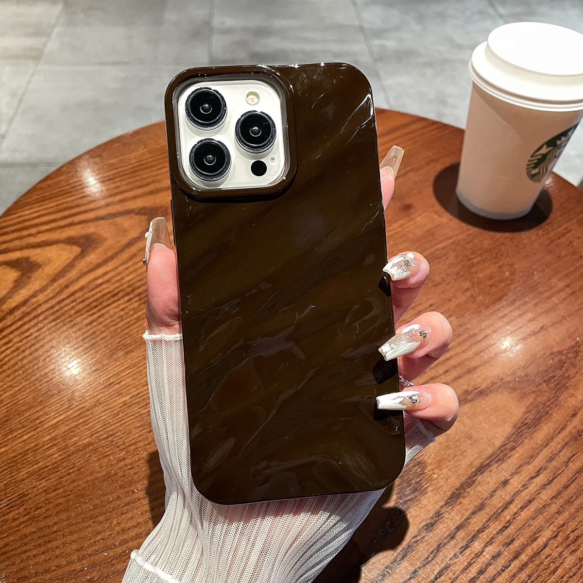 For iPhone 14 Pro Max Solid Color Wave Texture TPU Phone Case(Chocolate) - Shopkiz.com