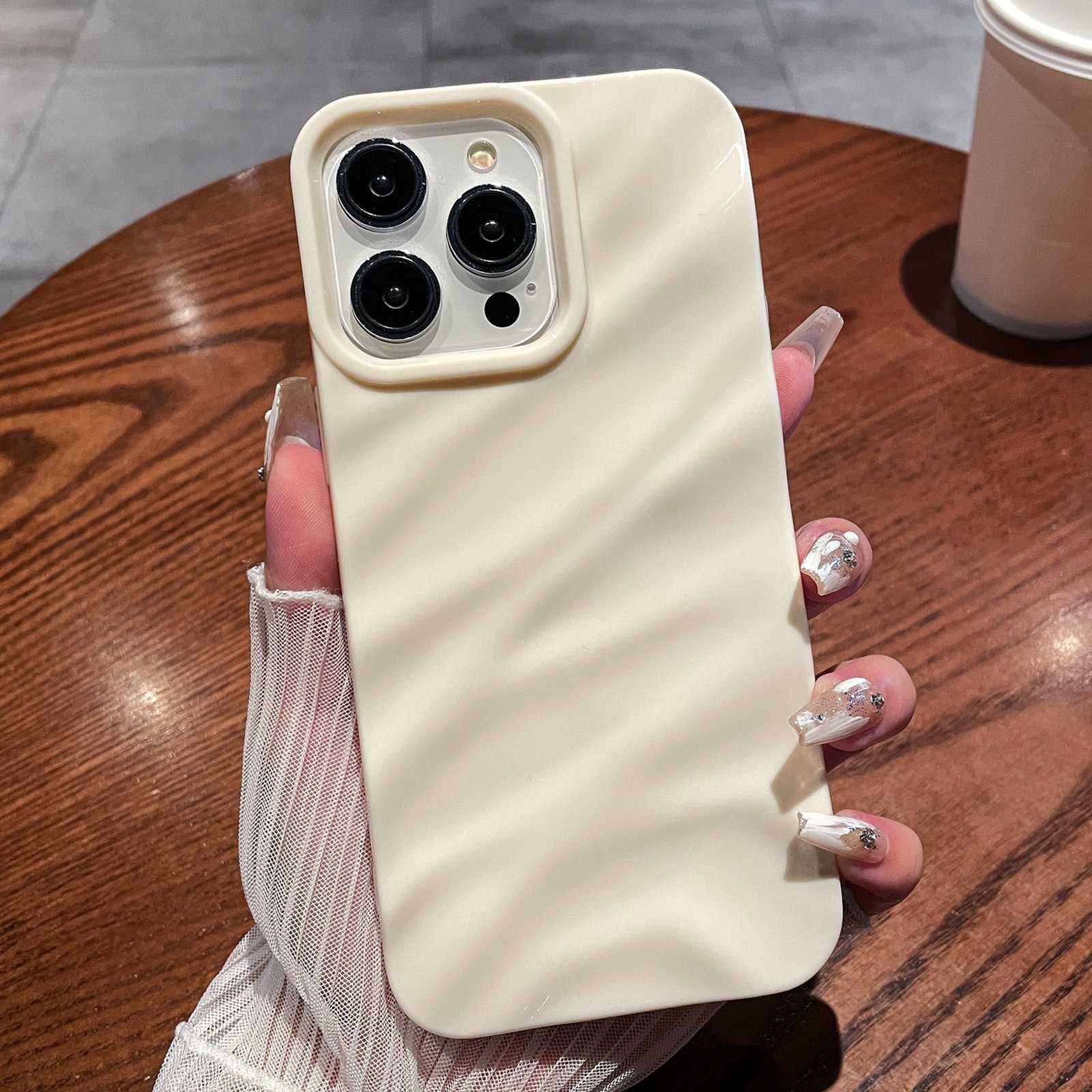 For iPhone 16 Pro Max Solid Color Wave Texture TPU Phone Case(Beige) - Shopkiz.com