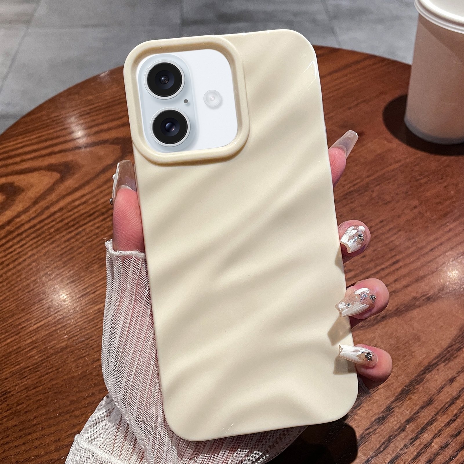 For iPhone 16 Solid Color Wave Texture TPU Phone Case(Beige) - Shopkiz.com