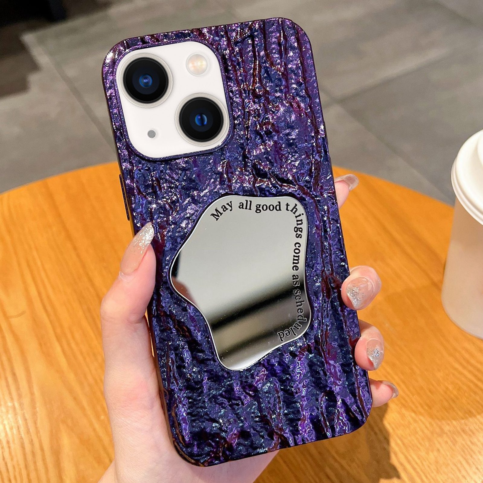 For iPhone 14 Plus Embossed Rock Texture Mirror TPU Phone Case(Deep Purple) - Shopkiz.com