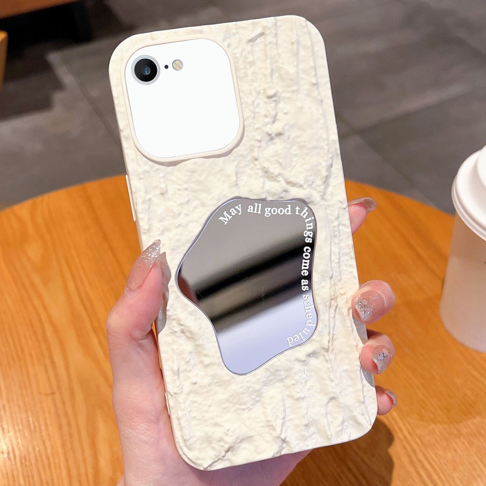 For iPhone SE 2022 /2020 / 8 / 7 Embossed Rock Texture Mirror TPU Phone Case(Milk White) - Shopkiz.com